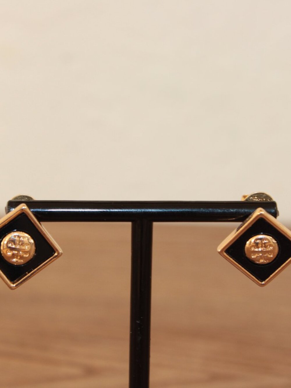 Tory Burch Black Gold Logo Diamond Stud Earrings NWT